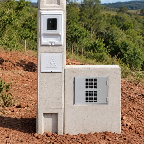 Ilustração de poste de concreto com caixa de água lateral em área rural
