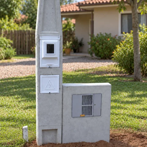 Ilustração de poste com medição elétrica e caixa de hidrômetro em mureta