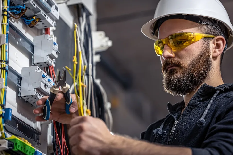 Eletricista com alicate trabalhando nas conexões de um quadro elétrico