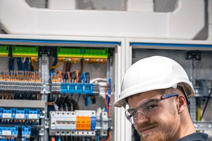 Profissional com capacete e luvas junto a um quadro elétrico
