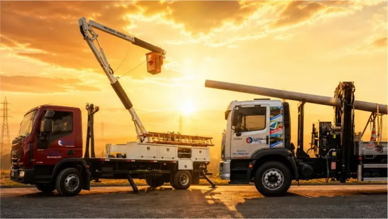 Caminhões do Grupo Linha Viva com cesto aéreo e poste ao entardecer